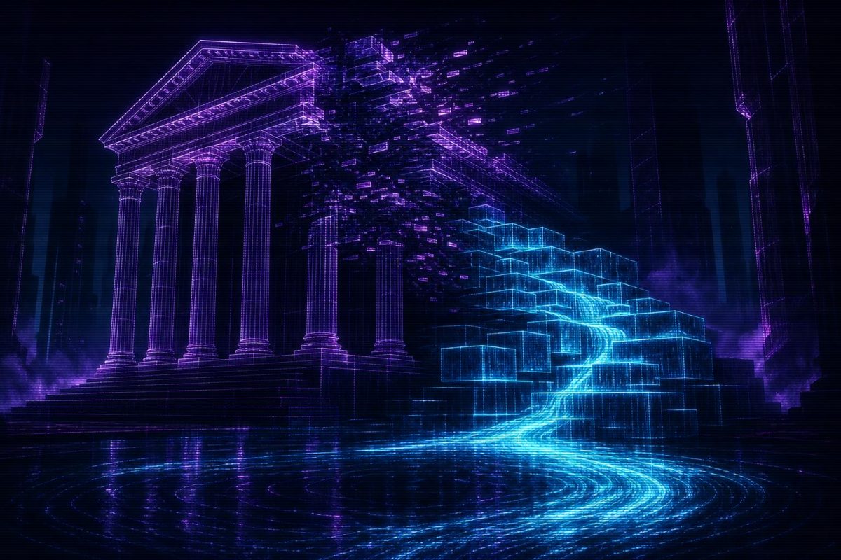 Illustration of a wireframe neoclassical portico dissolving into glitch fragments beside a flowing river of light, in dark cyberpunk style with violet and cyan neon accents