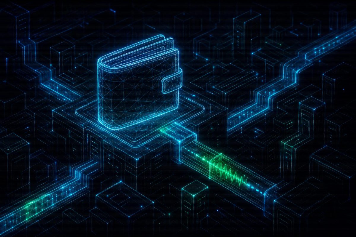 Dark cyberpunk illustration of a glowing wireframe wallet in a neon circuit-scape, private payments theme