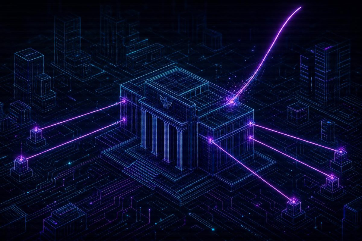 Wireframe illustration of a regulatory institution with neon price threads, one bending out of alignment