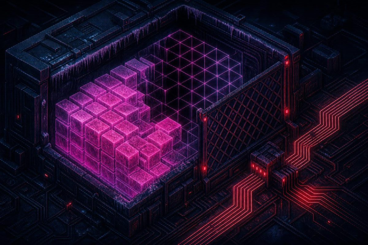Isometric neon illustration of a frozen reserve with a hollow wireframe section, showing a shortfall in backing