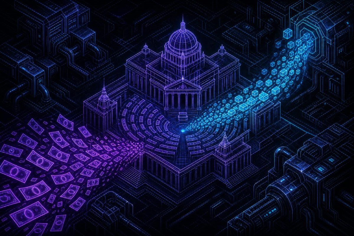 Wireframe illustration of a parliamentary chamber receiving two streams of glowing data, one dissolving into paper banknotes