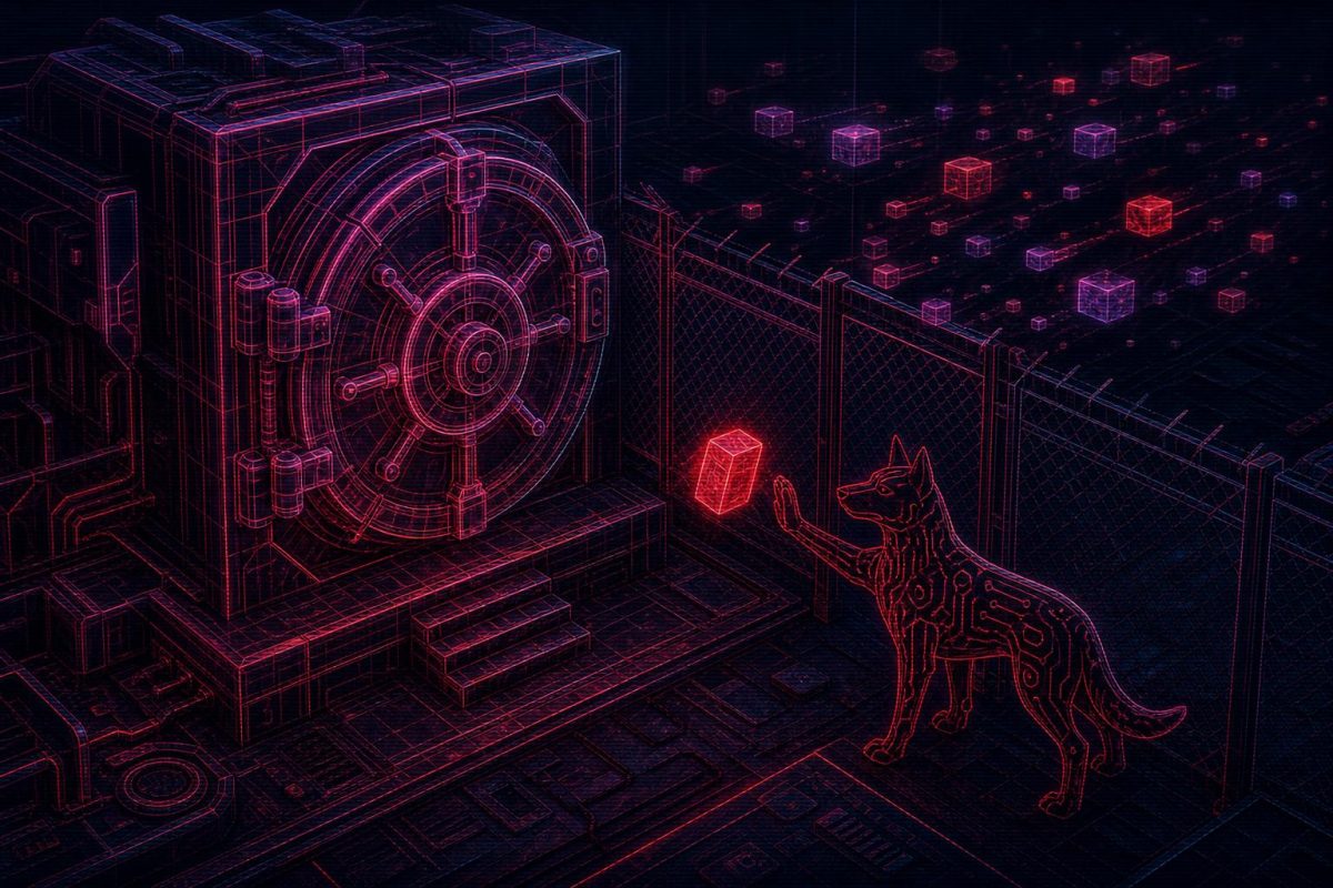Illustration of a sealed federated wallet vault refusing a payment while data blocks drift away, in dark neon editorial style