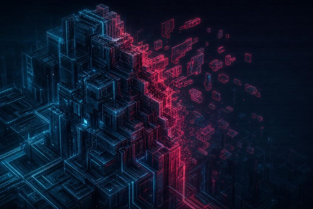 Isometric neon circuit towers with a section fragmenting away, cyan and magenta glow on dark background