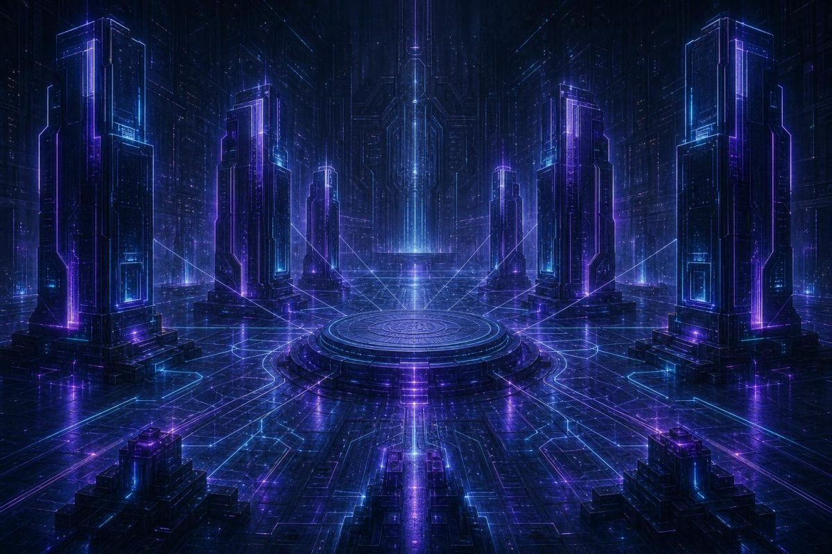 A neon-lit regulatory hall in a machine world, pylons arranged around a central dais