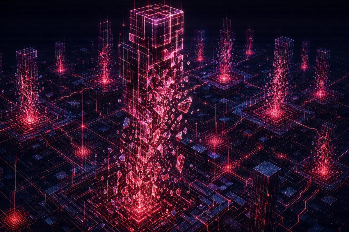 Stylized dark illustration of collapsing neon towers representing liquidated leveraged positions in a machine world