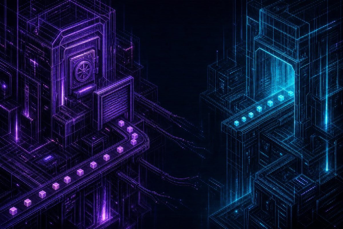 Isometric neon illustration of two regulatory towers separated by a chasm, token flows blocked at a gate