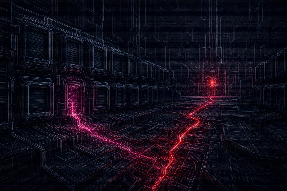 Wireframe illustration of a machine-world vault with retired storage modules leaking glowing particles along red and magenta conduits