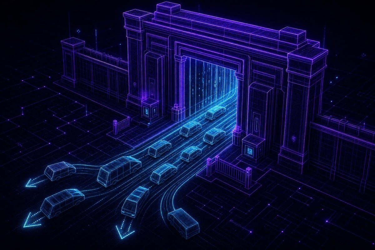 Wireframe gate with data streams passing through, regulatory licensing metaphor