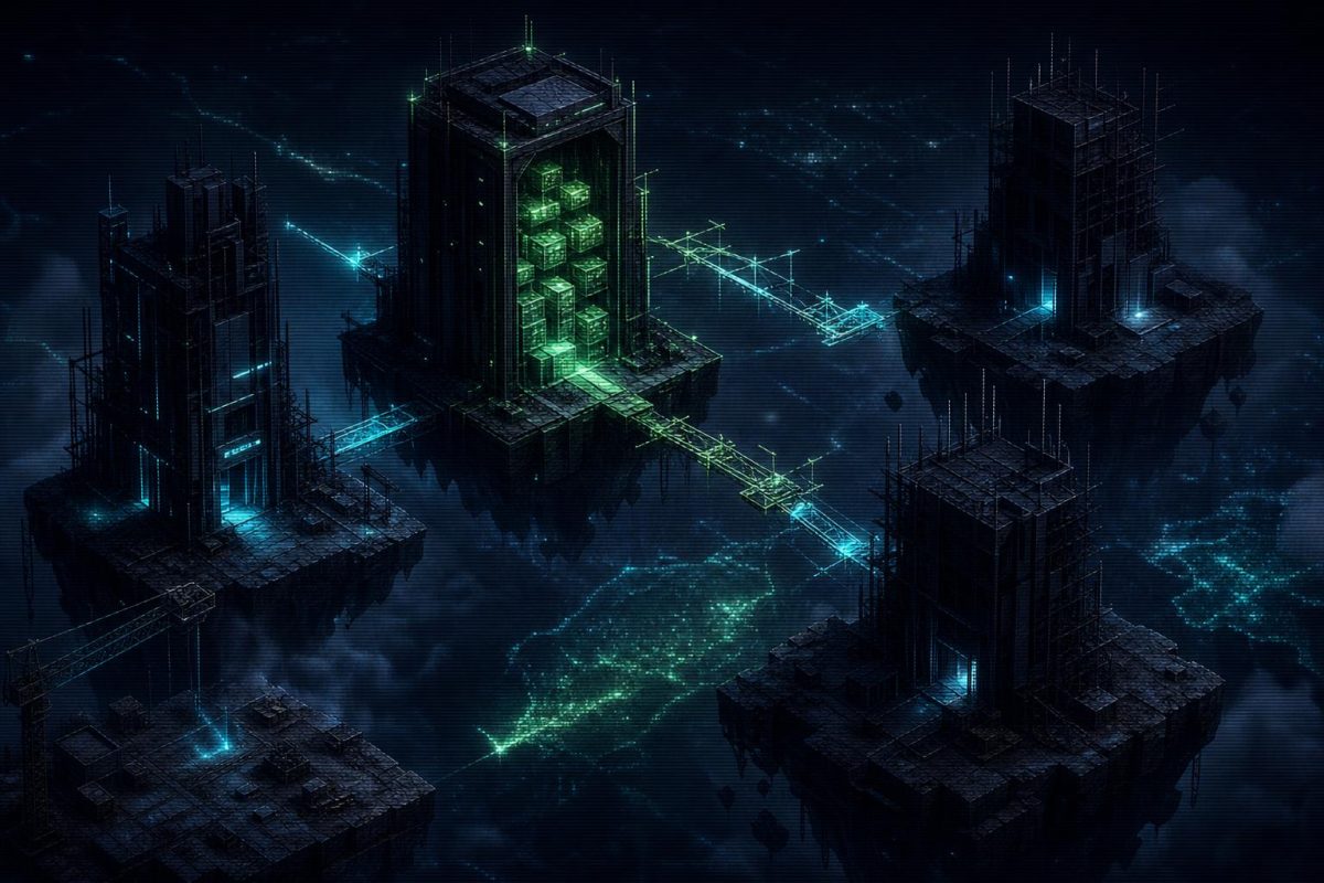 Illustration of a fragmented vault complex with unfinished neon bridges, evoking cross-border gaps in stablecoin crisis frameworks