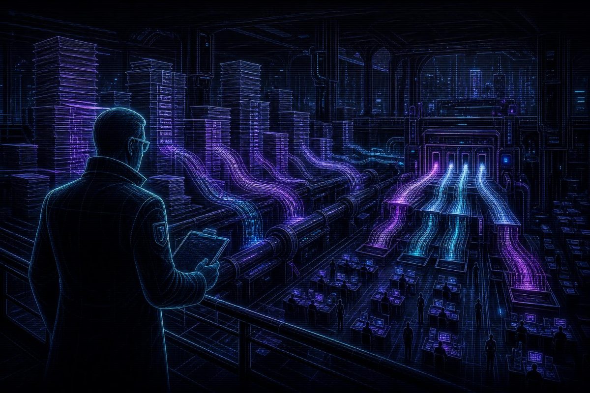 Illustration of a regulator inspecting glowing data flows through a wireframe filing hall