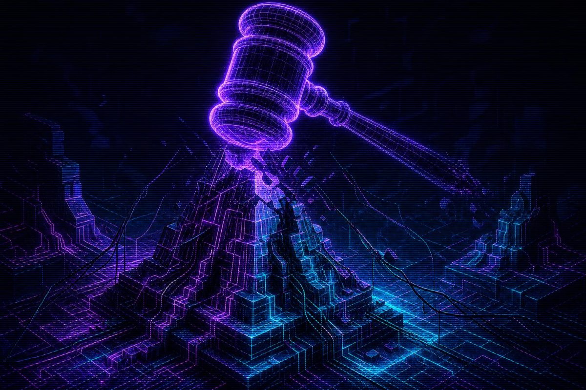 Wireframe gavel over collapsing neon circuit towers in a dark cyberpunk scene