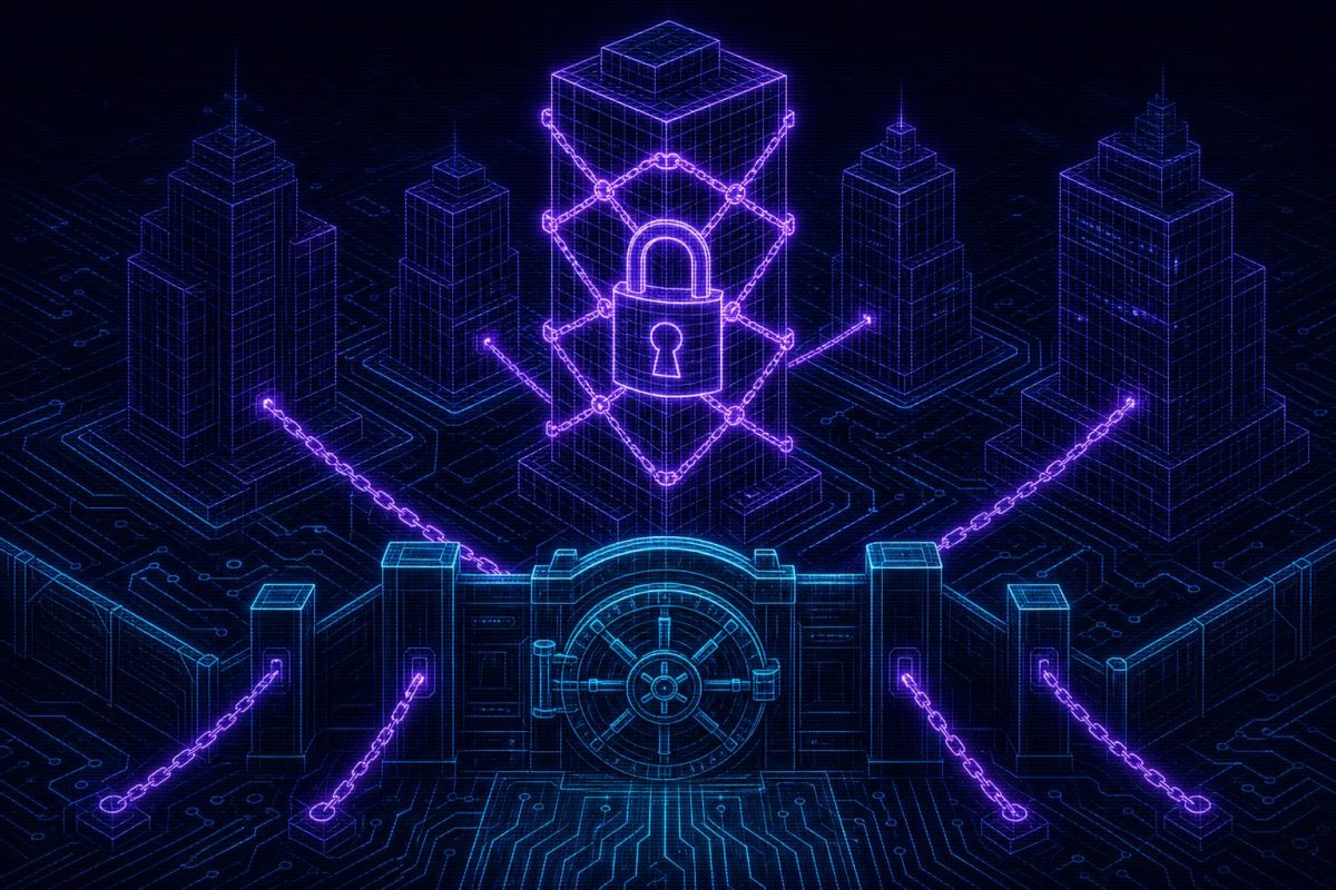 Neon wireframe illustration of sealed corporate towers in a dark machine landscape, symbolizing companies blocking tokenized stock listings